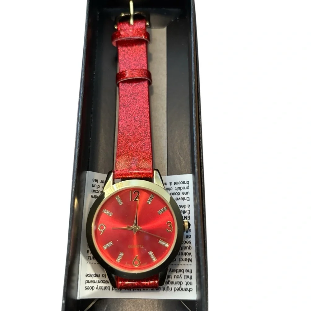 Avon Sparkle Red Strap Party Quartz Watch NIB Numerals Rhinestone Gold Face 2015